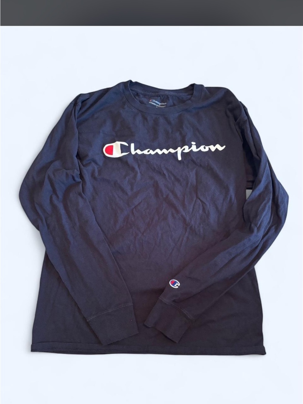 Champion Navy Long Sleeve Script Logo Tee